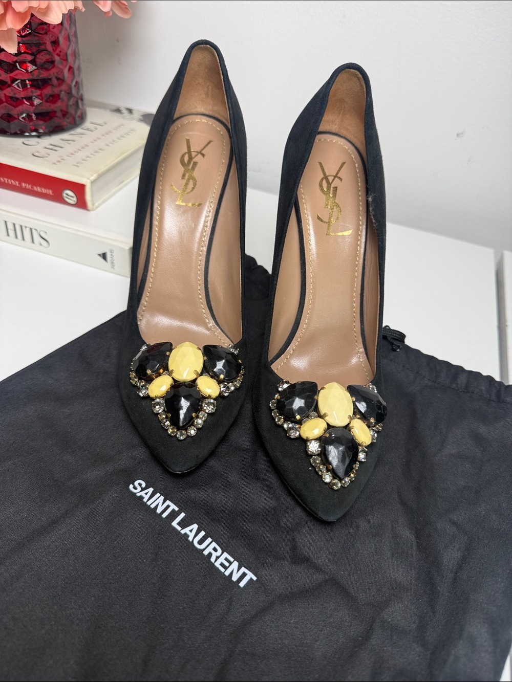 AUTHENTIC Yves Saint Laurent Black Suede Jeweled Pointed-Toe Pumps